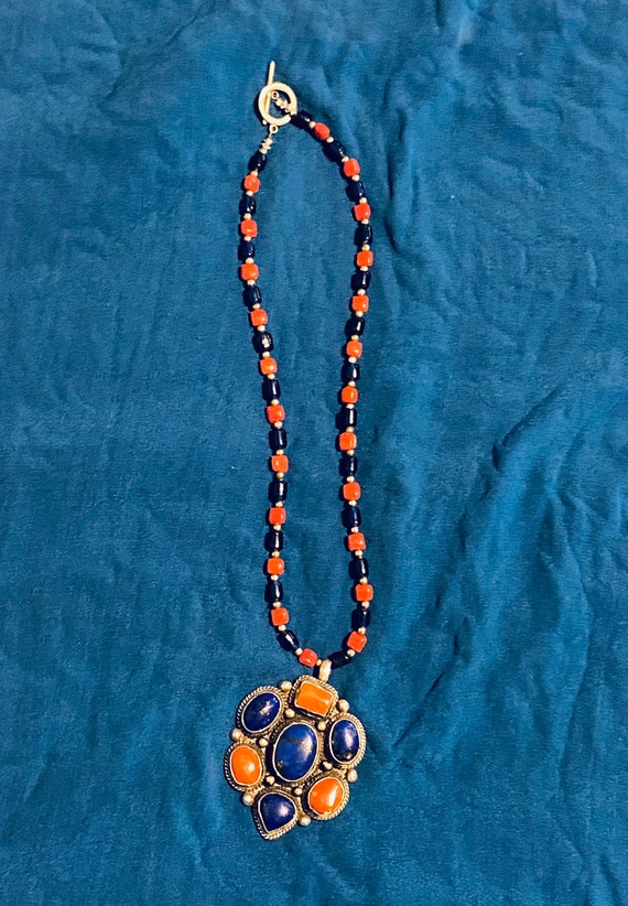 Vintage 1960s Lapis and Coral Pendant Necklace | G