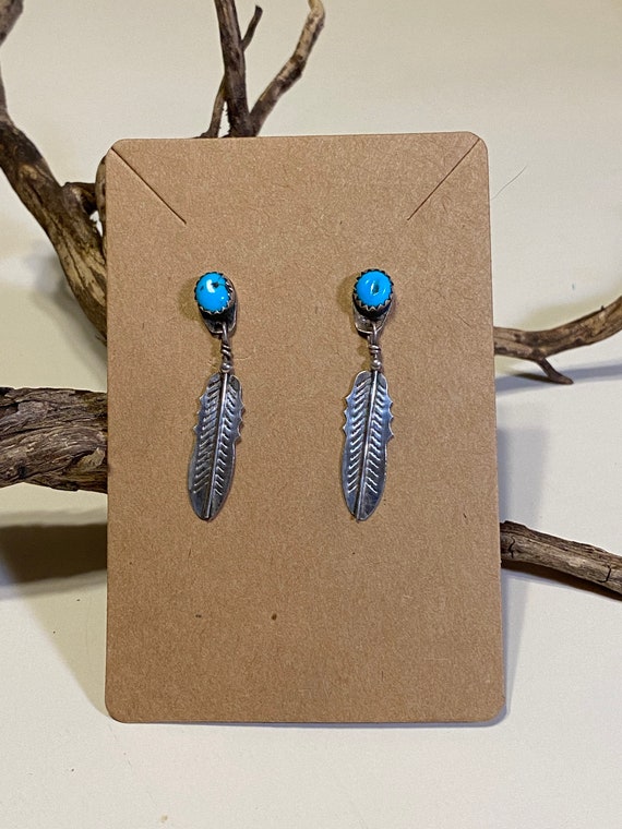 Navajo Turquoise and Silver Feather Earrings | Gre