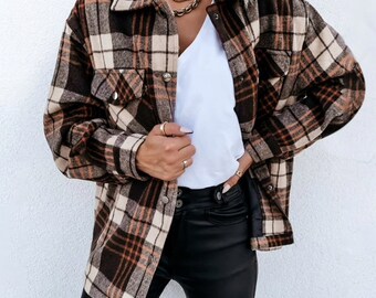 Cocoinsity Women Plaid Shirt Flannel Outwear Button Down Loose Vintage Blouse Jacket Coat