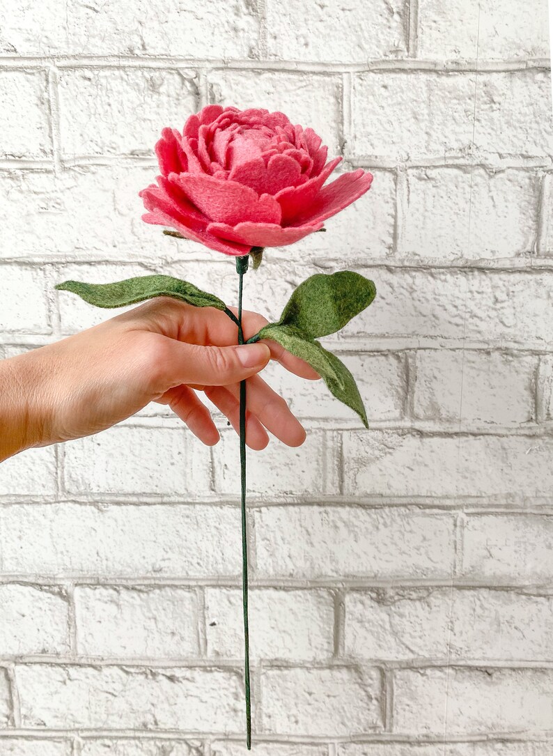 Op de afbeelding: Een handgemaakte vilten pioenroos in een levendige roze kleur. De bloem heeft meerdere lagen bloemblaadjes en is bevestigd aan een groene stengel met twee groene bladeren. De bloem wordt vastgehouden tegen een witte bakstenen muur.