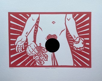 Adam's Apple in Red - Handmade Gay Art - Linocut Block Print - Musk Lust