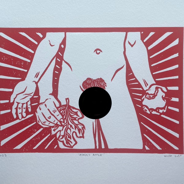 Adam's Apple in Red - Handmade Gay Art - Linocut Block Print - Musk Lust