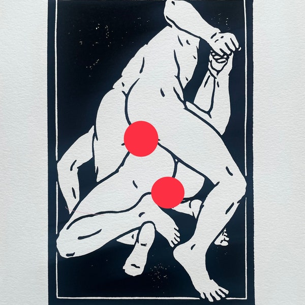 The Wrestlers in Black - Gay Art Handmade Queer Male Nude Block Print - Musk Lust