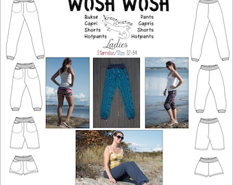 Puede incluir: Un patrón de costura para pantalones, capris, pantalones cortos y pantalones cortos. El patrón se llama "Wosh Wosh" y es para mujeres de tallas 32-54. El patrón incluye una variedad de estilos, incluyendo pantalones de pierna ancha, pantalones con puños y pantalones cortos con bolsillos.