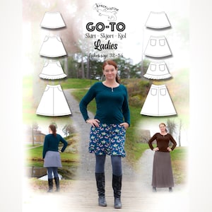 May include: An image featuring a woman modeling a skirt, with a collage of skirt designs and the text "GO-TO Skirt - Skjørt - Kjól Ladies." The woman wears a teal long-sleeve top and a floral skirt. The image also shows skirt pattern illustrations.