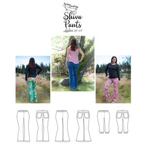 Op de afbeelding: Een lijntekening van een wijde broek met een uitlopende zoom. De broek wordt in vijf verschillende aanzichten getoond: voor, achter, zijkant en twee close-ups van de zakken. De tekst "Shiva Pants" en "Ladies 32-54" is zichtbaar in de afbeelding.