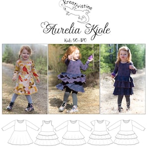 Puede incluir: Un patrón de costura para un vestido de capas para niños, tallas 50-170. El patrón incluye un dibujo de línea del vestido con tres capas de volantes. El patrón se llama "Aurelia Kjole" y es de la marca "Kreativistine".