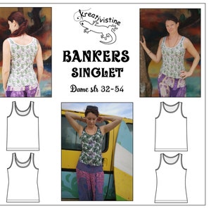 Op de afbeelding: Een naaipatroon voor een tanktop genaamd "Bankers Singlet" voor maten 32-54. Het patroon is geïllustreerd met drie afbeeldingen van vrouwen die de top dragen. De top is getoond in een bloemenprint en in wit.