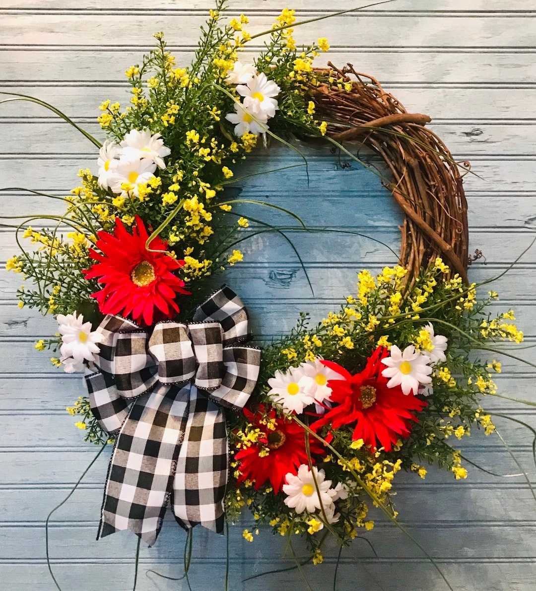 Wildflower Wreath With Red and White Daisies and Black and White ...