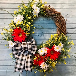 Wildflower wreath with red and white daisies and black and white Buffalo check bow, spring summer wreath for front door