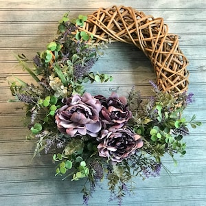 Peony wreath, lavender purple, boxwood, willow wreath, everyday, front door