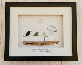 24.º aniversario de ópalo regalo para padres regalo de boda de ópalo para ella regalo personalizado del día de la madre arte de vidrio de mar pájaros familia de 5 arte de pared