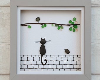 MADE TO ORDER - Pebble art black cat sitting on wall - birdwatching, unique birthday gift