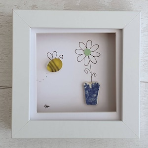 Unique mothers day gift, Pebble art bee and flower, sea glass art, birthday gift for her