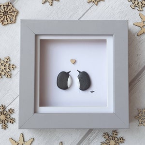 Penguin pebble art romantic valentines day gift in Mini Frame, engagement gift, unique birthday gift, anniversary gift - made to order