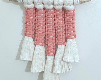 pink macrame wall hanging, girls bedroom decor. boho wall art, nursery decor, coral cord and chunky natural cord