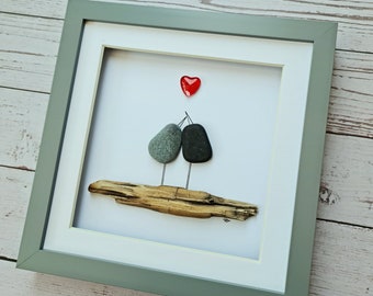 Pebble art Birds Romantic anniversary keepsake gift for wife Whimsical Love Birds on Natural Driftwood 40th anniversary gift for parents