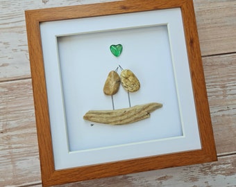 Emerald 55th Anniversary Gift for Husband & Wife Handmade Pebble Art Cuddling Love Birds on Driftwood Unique Romantic Gift Rustic Wall Decor