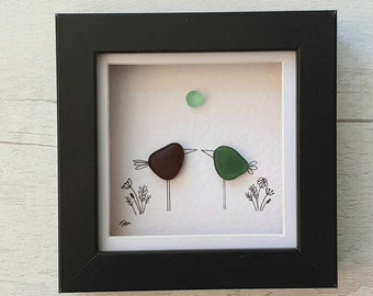 Sea glass art birds, unique anniversary gift for her, valentines day gift, birthday gift for him - Made to order