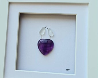 Amethyst anniversary gift for husband 33rd Wedding gift for wife sea glass love birds pebble art gift unique birthday gift