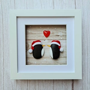 Pebble Art Penguin Couple Unique Christmas Gift & Decoration Nursery Decor with Festive Penguins Seasonal Wall Art
