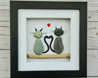 cat pebble picture Pebble art of two cats Valentines gift for cat lovers unique birthday gift for him or Anniversary gift for her