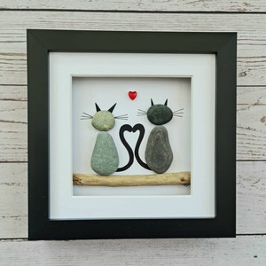 cat pebble picture Pebble art of two cats Valentines gift for cat lovers unique birthday gift for him or Anniversary gift for her
