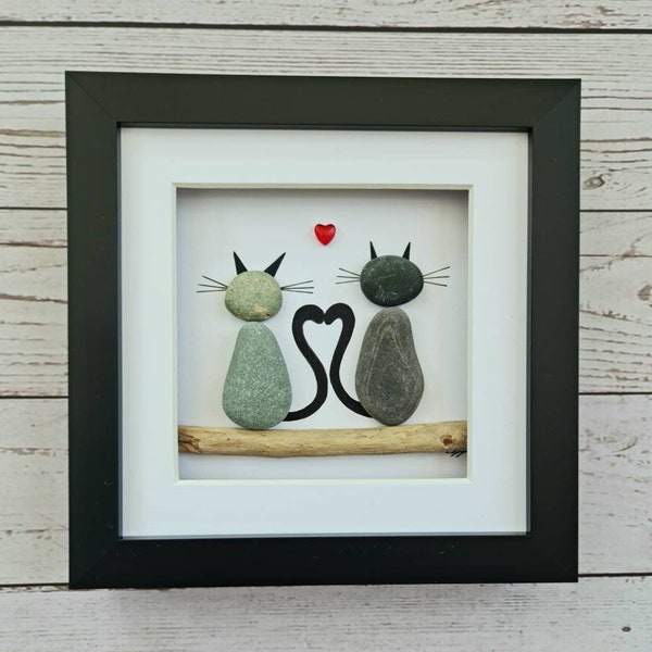 cat pebble picture Pebble art of two cats Valentines gift for cat lovers unique birthday gift for him or Anniversary gift for her