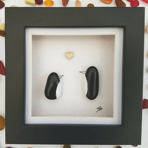 Penguin pebble art, valentines day gift in Mini Frame, anniversary gift, unique birthday gift - made to order