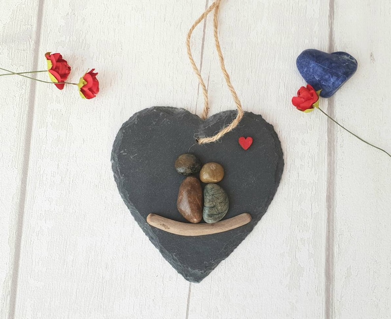 Romantic valentines gift for her, pebble art rustic slate heart, unique birthday gift for her image 1