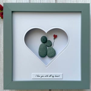 Valentines gift for him Romantic Pebble Art Picture of Couple Holding Red Heart Balloon “I love you with all my heart”