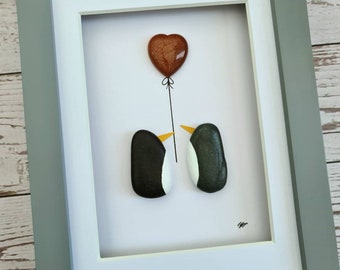 Bronze 8th wedding anniversary gift for husband 8th anniversary gift for wife 32nd year married gift for her Pebble art penguin wall hanging