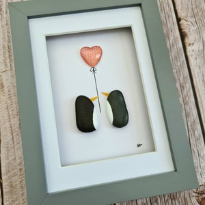 Coral 35th anniversary gift for wife,  35th wedding gift for husband. Pebble art penguin Christmas decor, valentines gift for him