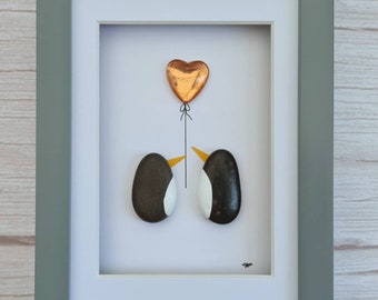 7.22 Kupfer Hochzeit Jahrestag Geschenk für Mann, Geburtstagsgeschenk für Frau, Kiesel Kunst Pinguine Geschenk für 7