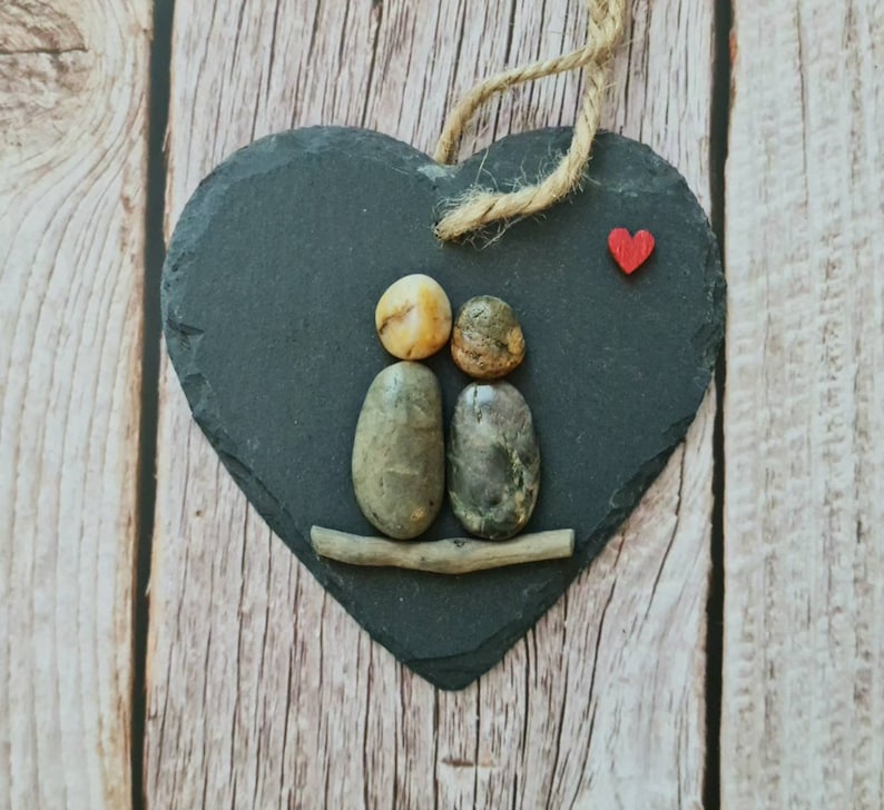 Romantic valentines gift for her, pebble art rustic slate heart, unique birthday gift for her image 2