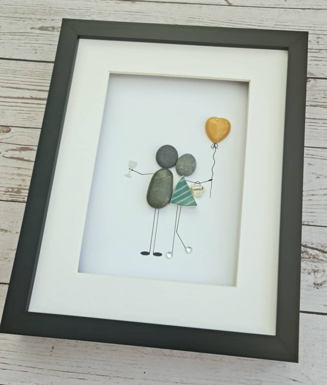 Pibble Balloon 50th Anniversary Pebble Art: Golden Heart Balloon, Handmade Framed Gift ...