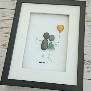 50th Golden Wedding Anniversary Framed Pebble and Sea Pottery Art Romantic Gift for Husband or Wife Handmade Golden Heart Balloon Decor