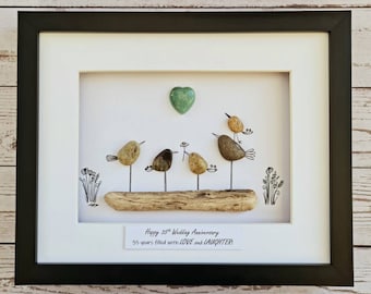 Famille de 5 oiseaux encadrée faite à la main d'art sur l'art mural de bois flotté Jade 35e anniversaire de mariage Cadeau pour femme Cadeau personnalisé pour la fête des mères