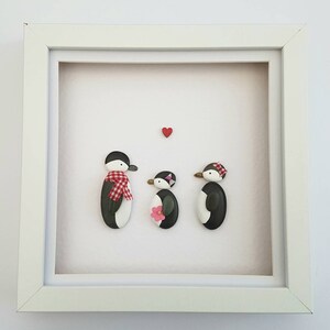 Penguin pebble art family, unique birthday gift for her, Christmas decoration, anniversary gift for him MADE TO ORDER