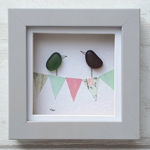 cadeau de fête des mères d&#39;art de galets, tourtereaux en verre de mer, cadeau de fiançailles unique, cadeau d&#39;anniversaire pour elle, cadeau de jeunes mariés, cadeau d&#39;anniversaire pour lui