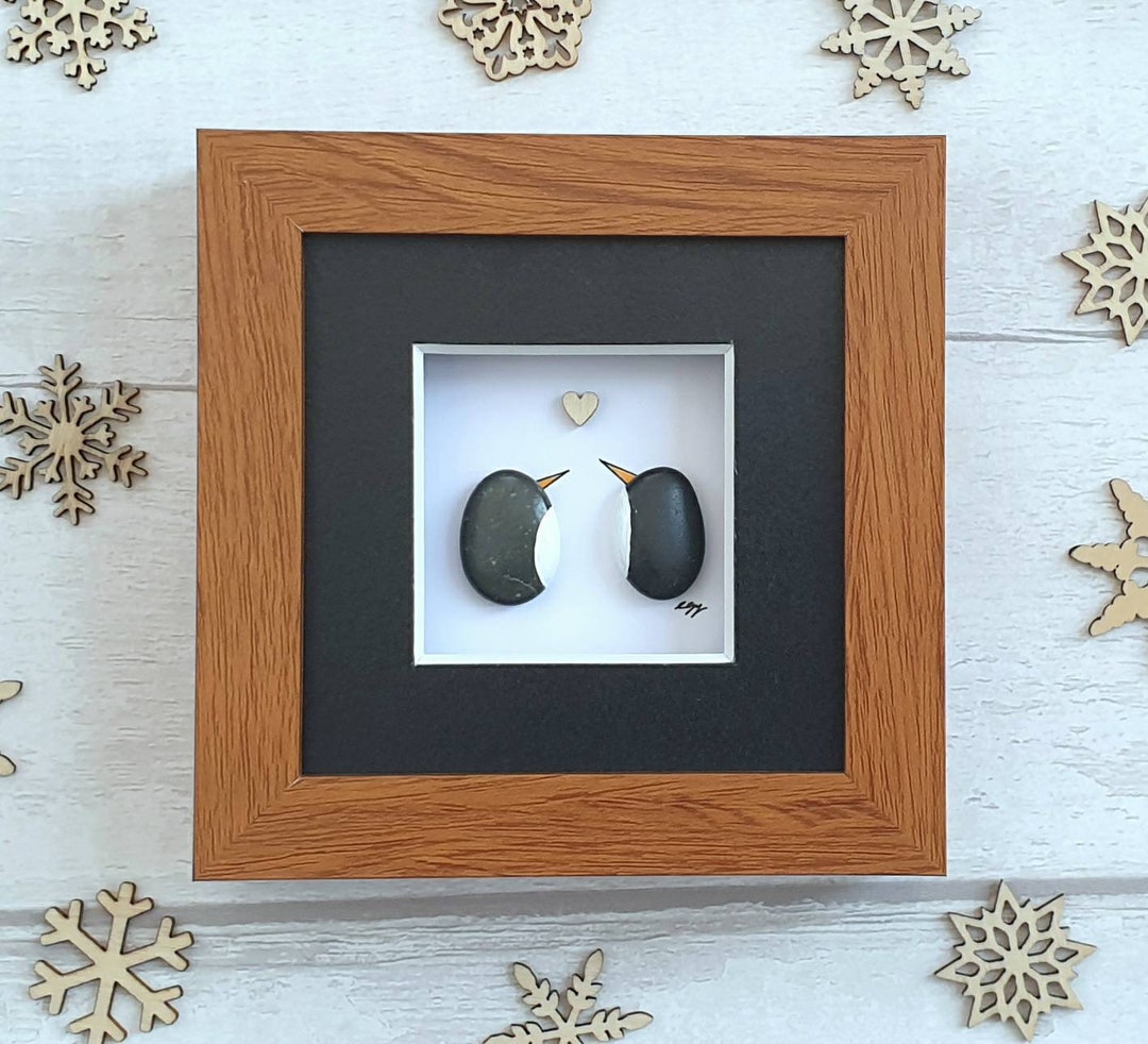 Penguin Pebble Art Romantic Gift in Mini Frame, Perfect Romantic