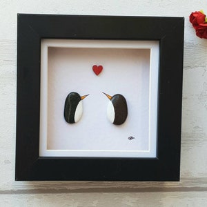Penguin pebble art in Mini Frame, unique wedding gift, engagement gift, valentines gift for her, anniversary gift for him MADE To ORDER