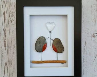 Crystal anniversary gift for husband, 15th wedding gift for wife, Pebble art robins Christmas decor love birds valentines gift for him