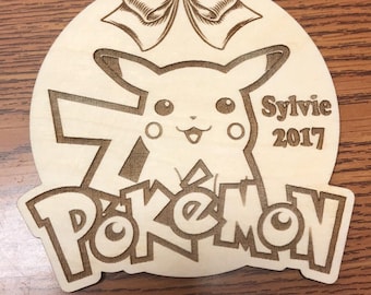Personalized, Custom, Wooden, Pokemon Ornament with bow, with custom engraving, Pikachu