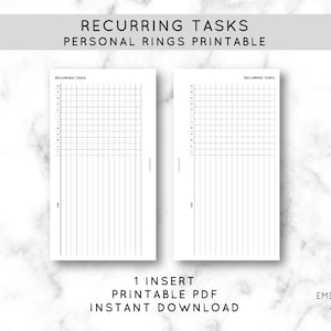 May include: Printable PDF inserts for personal rings, featuring a recurring tasks chart. The design includes a grid for tracking tasks and a space for time. The text at the top reads "Recurring Tasks Personal Rings Printable". The bottom text says "1 Insert Printable PDF Instant Download".