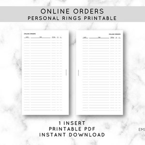 May include: A printable PDF insert for personal rings, featuring a design for online order tracking. The design includes sections for date, item, total, and other details. The text "ONLINE ORDERS" and "PERSONAL RINGS PRINTABLE" is displayed at the top.