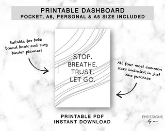 Stop breathe trust let go – printable dashboard for pocket planner, a6 planner, personal planner, a5 planner, dashboard for bound and rings