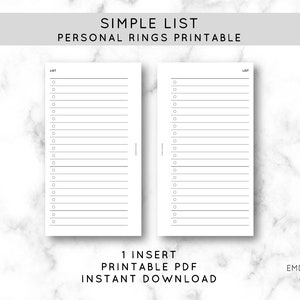 May include: Two printable list inserts for personal rings. Each page has a list format with circles for checkmarks and horizontal lines for writing. The top of the page reads "LIST". The text "SIMPLE LIST PERSONAL RINGS PRINTABLE" is at the top.