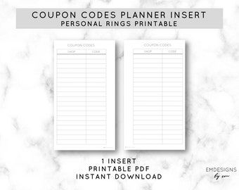 PRINTABLE INSERT 'Coupon Codes' - personal size coupons insert, minimalist printable, planner shopping insert for Filofax Kikki K VDS