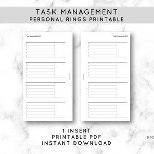 May include: Two white printable planner inserts with the text "TASK MANAGEMENT PERSONAL RINGS PRINTABLE". Each insert has sections for task lists. The bottom of the image reads "1 INSERT PRINTABLE PDF INSTANT DOWNLOAD".